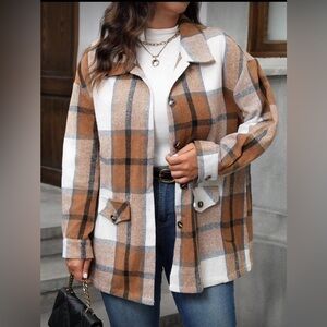 SHEIN Brown & White Plaid Utility Shacket